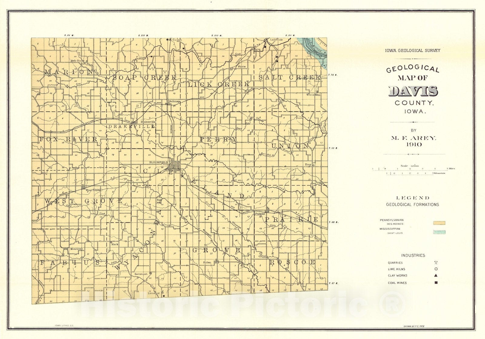 Map : Geology of Davis County [Iowa], 1910 Cartography Wall Art :