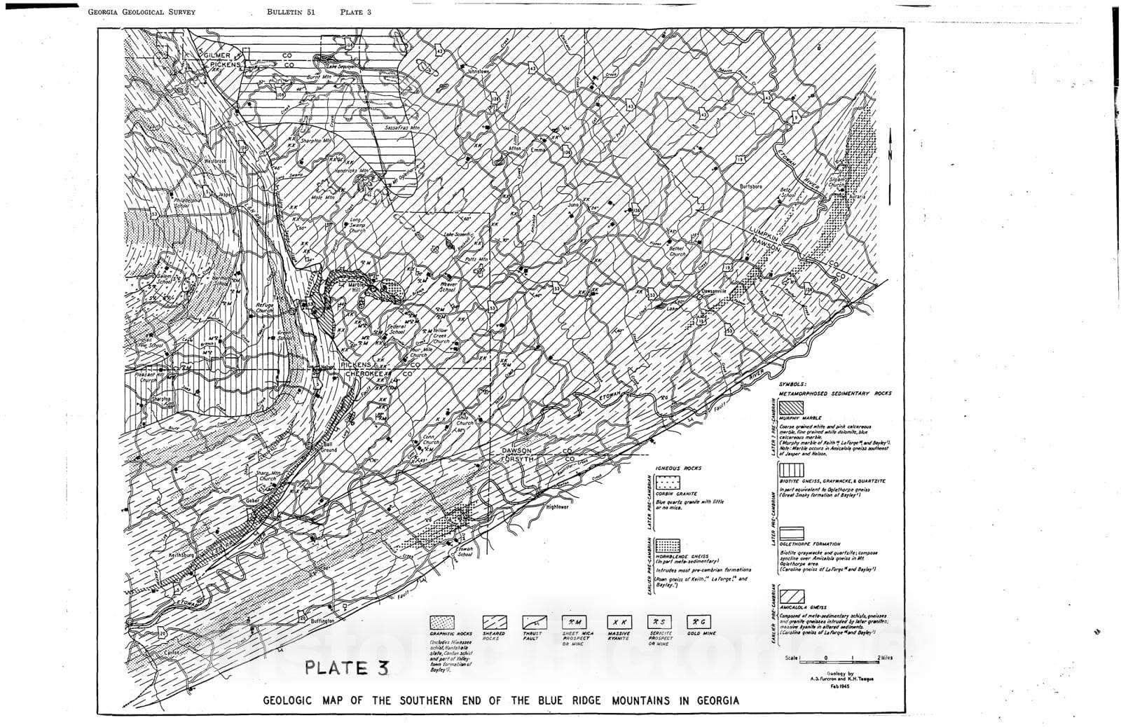 Map : Sillimanite and massive kyanite in Georgia (a preliminary report) [southern end of the Blue Ridge Mountains in Georgia], 1945 Cartography Wall Art :