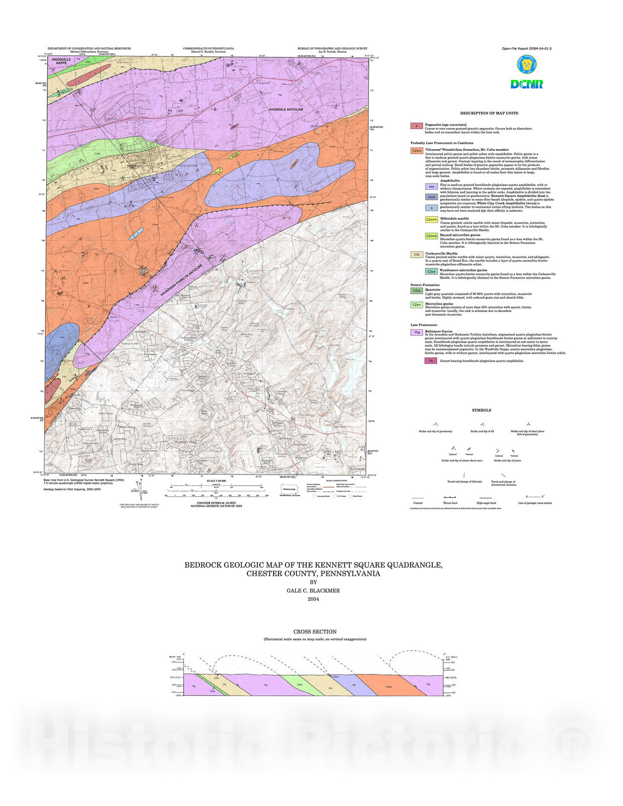 Map : Bedrock geologic map of the Pennsylvania portion of the Kennett Square quadrangle, Chester County, Pennsylvania, 2004 Cartography Wall Art :