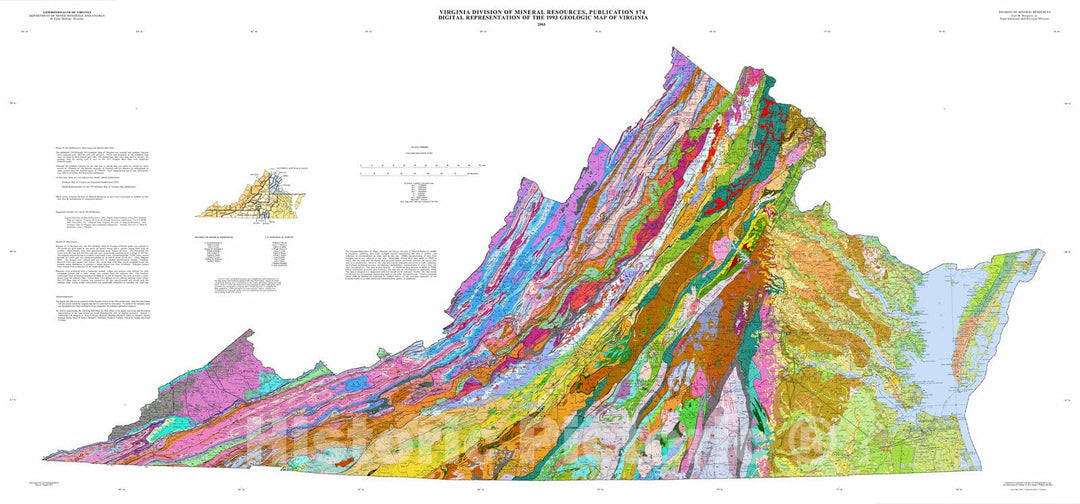 Map : Digital representation of the 1993 geologic map of Virginia [The original 1993 map is <a href="proddesc_34878.htm" target="_blank">available</a>], 2003 Cartography Wall Art :