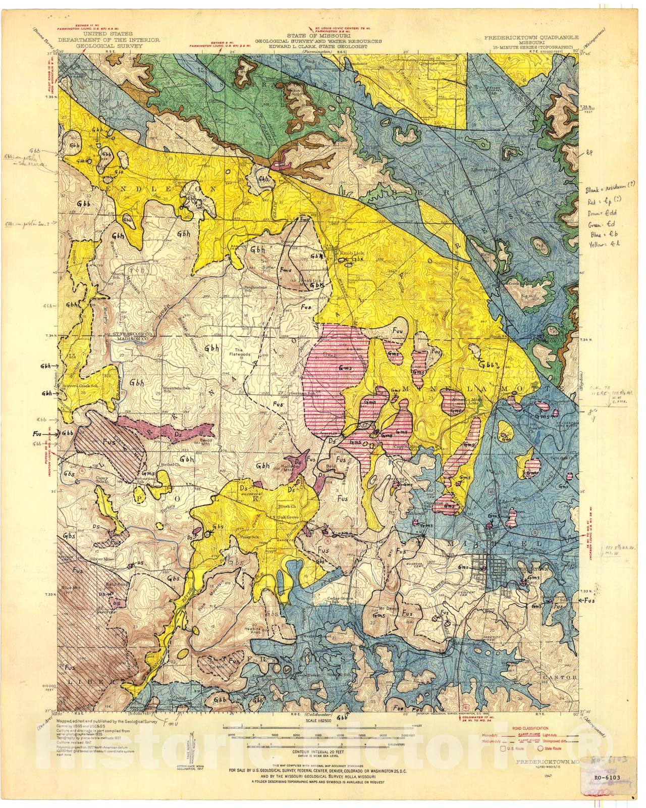 Map : Geologic map of the Fredericktown 15' quadrangle, Missouri, 1961 Cartography Wall Art :