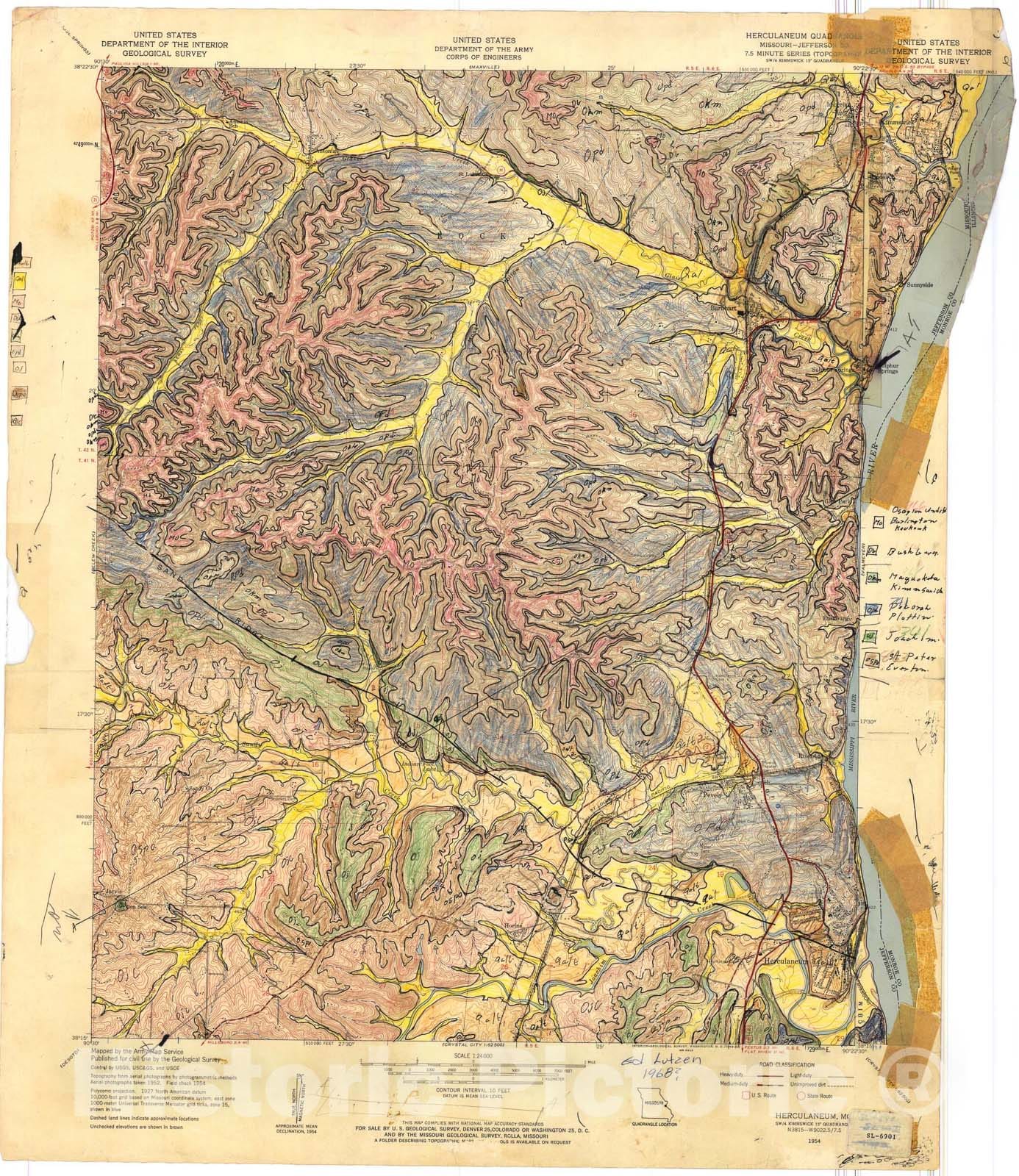 Map : Geologic map of the Herculaneum seven 1/2' quadrangle, Missouri, 1969 Cartography Wall Art :