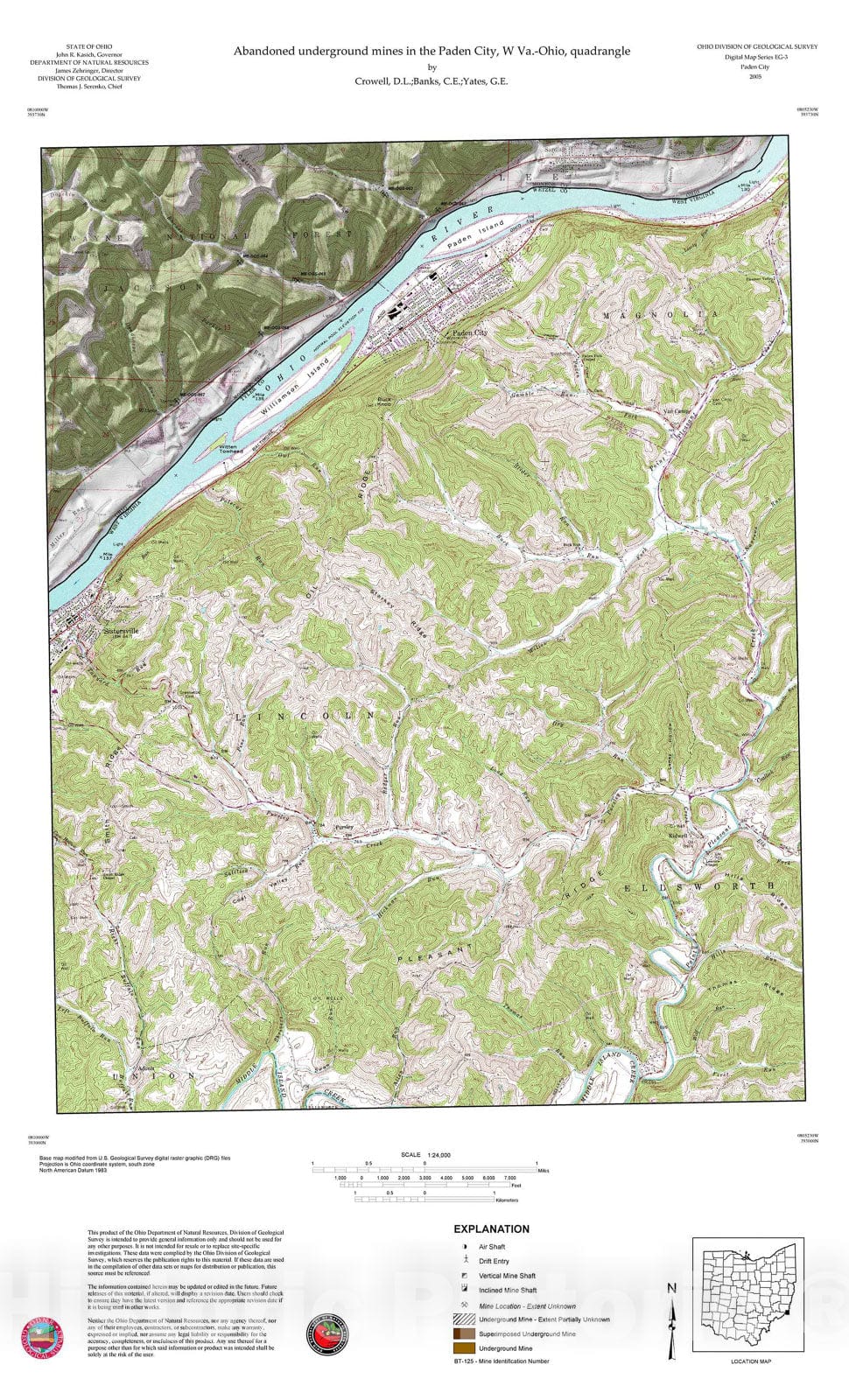 Map : Abandoned underground mines in the Paden City, W Va.-Ohio, quadrangle, 2005 Cartography Wall Art :