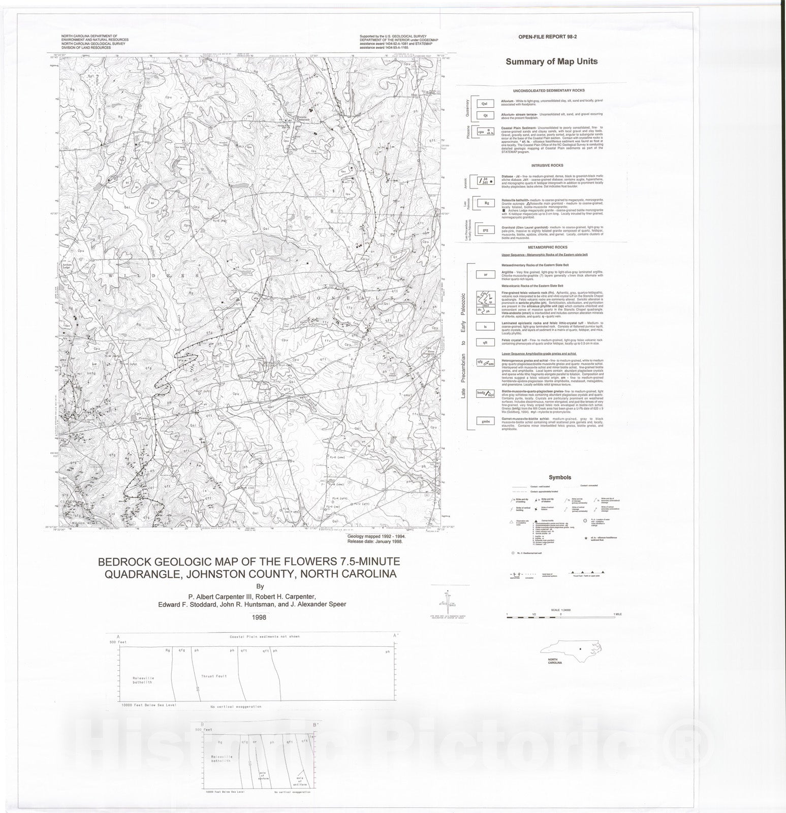 Map : Bedrock Geologic Map of the Flowers 7.5-minute quadrangle, Johnston County, North Carolina, 1998 Cartography Wall Art :