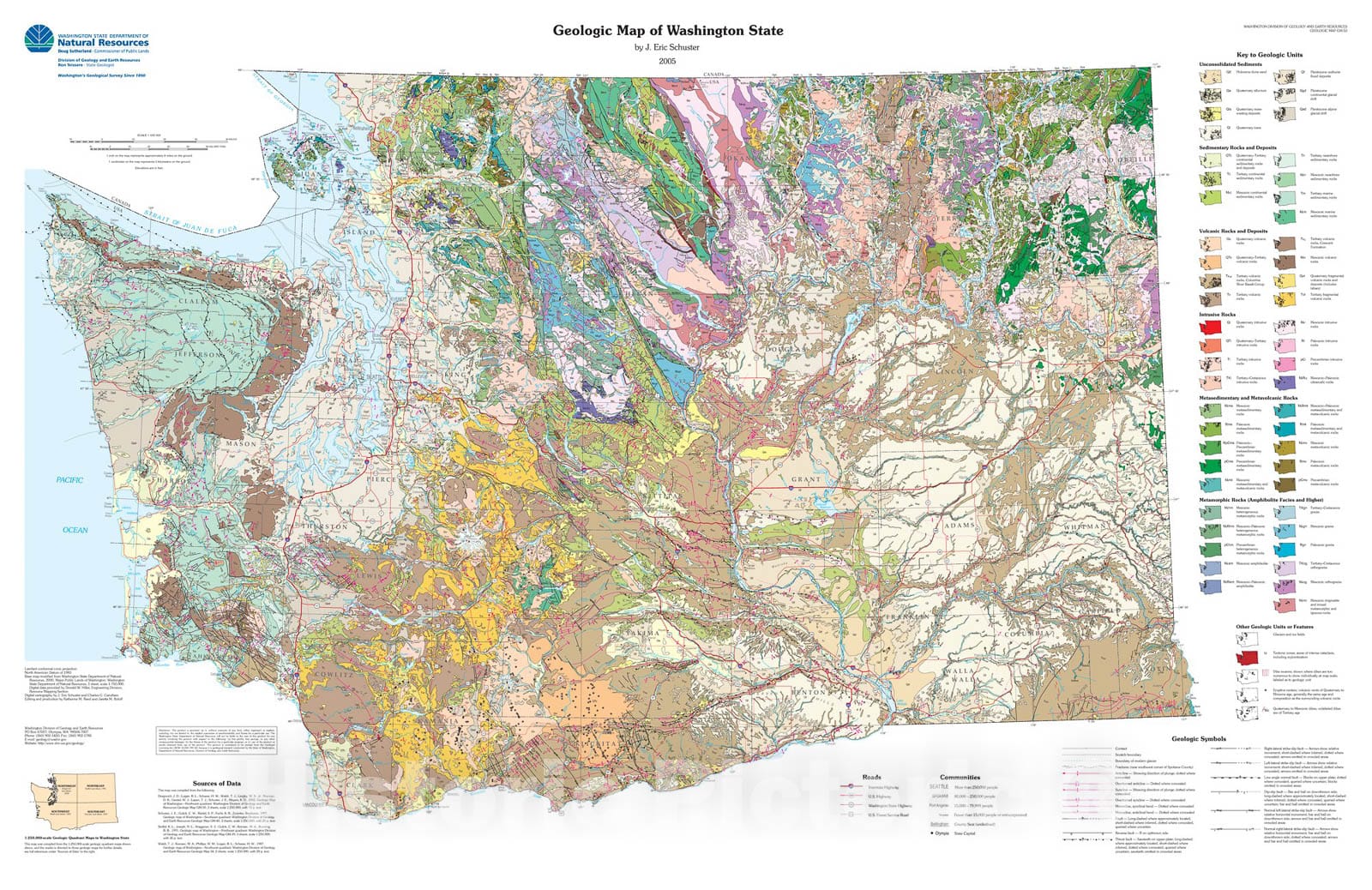 Map : Geologic map of Washington State, 2005 Cartography Wall Art 