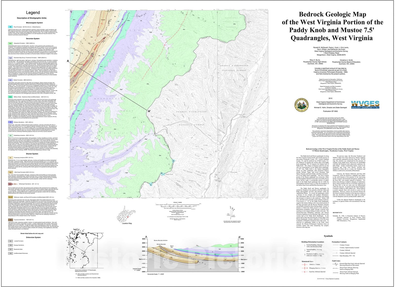 Map : Bedrock geologic map of the West Virginia portion of the Paddy Knob and Mustoe 7.5' quadrangles, West Virginia, 2010 Cartography Wall Art :