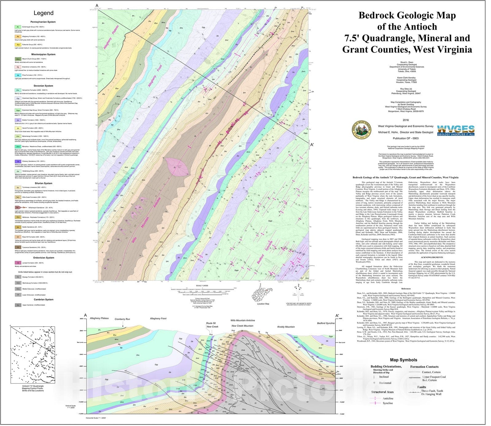 Map : Bedrock geologic map of the Antioch 7.5' Quadrangle, Mineral and Grant Counties, West Virginia, 2010 Cartography Wall Art :