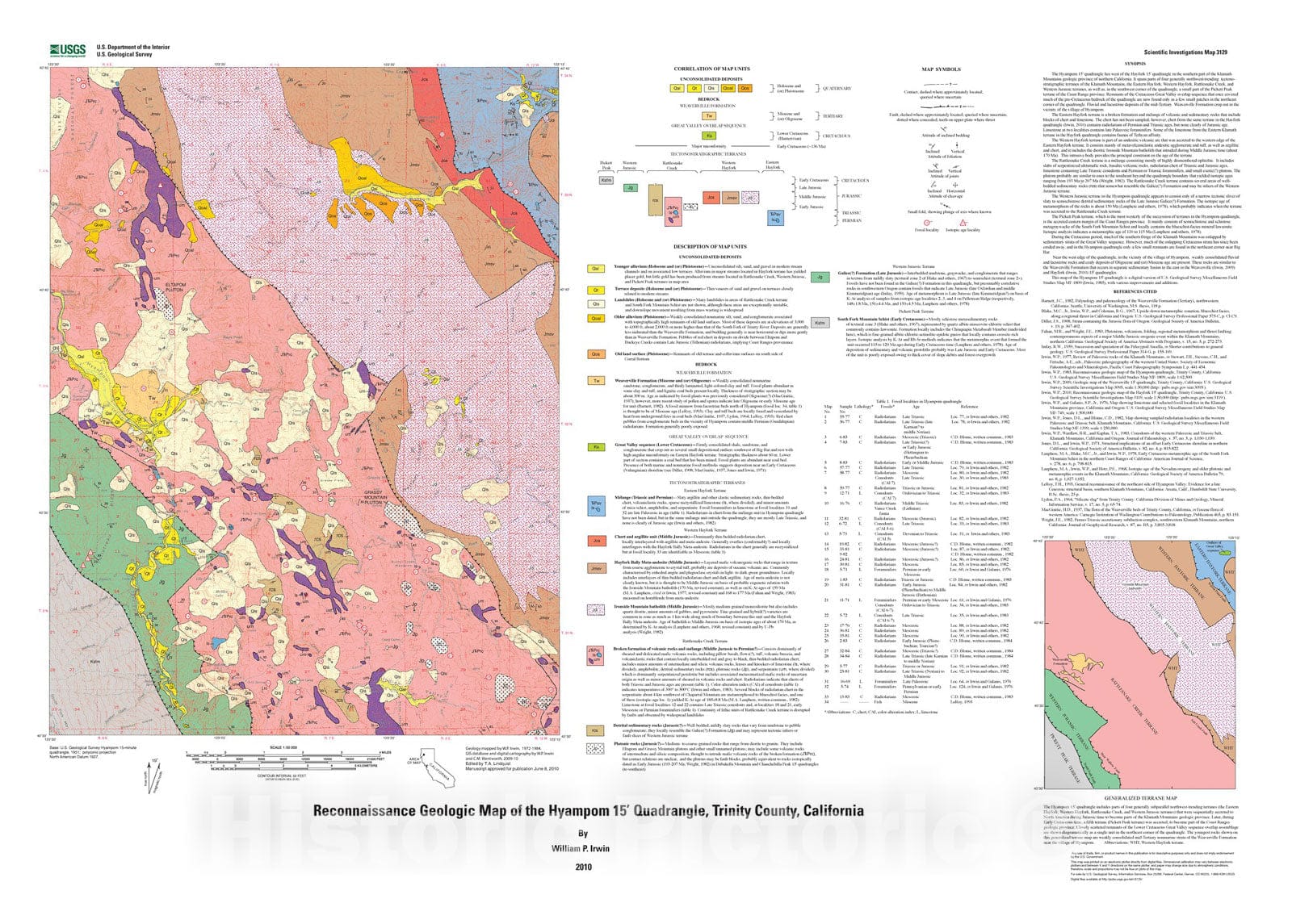 Map : Reconnaissance geologic map of the Hyampom 15' quadrangle, Trinity County, California, 2010 Cartography Wall Art :