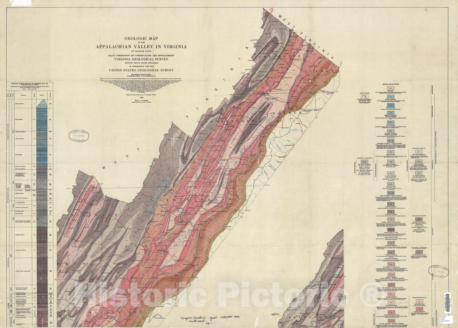Map : Geologic map of the Appalachian Valley of Virginia with explanatory text, 1933 Cartography Wall Art :