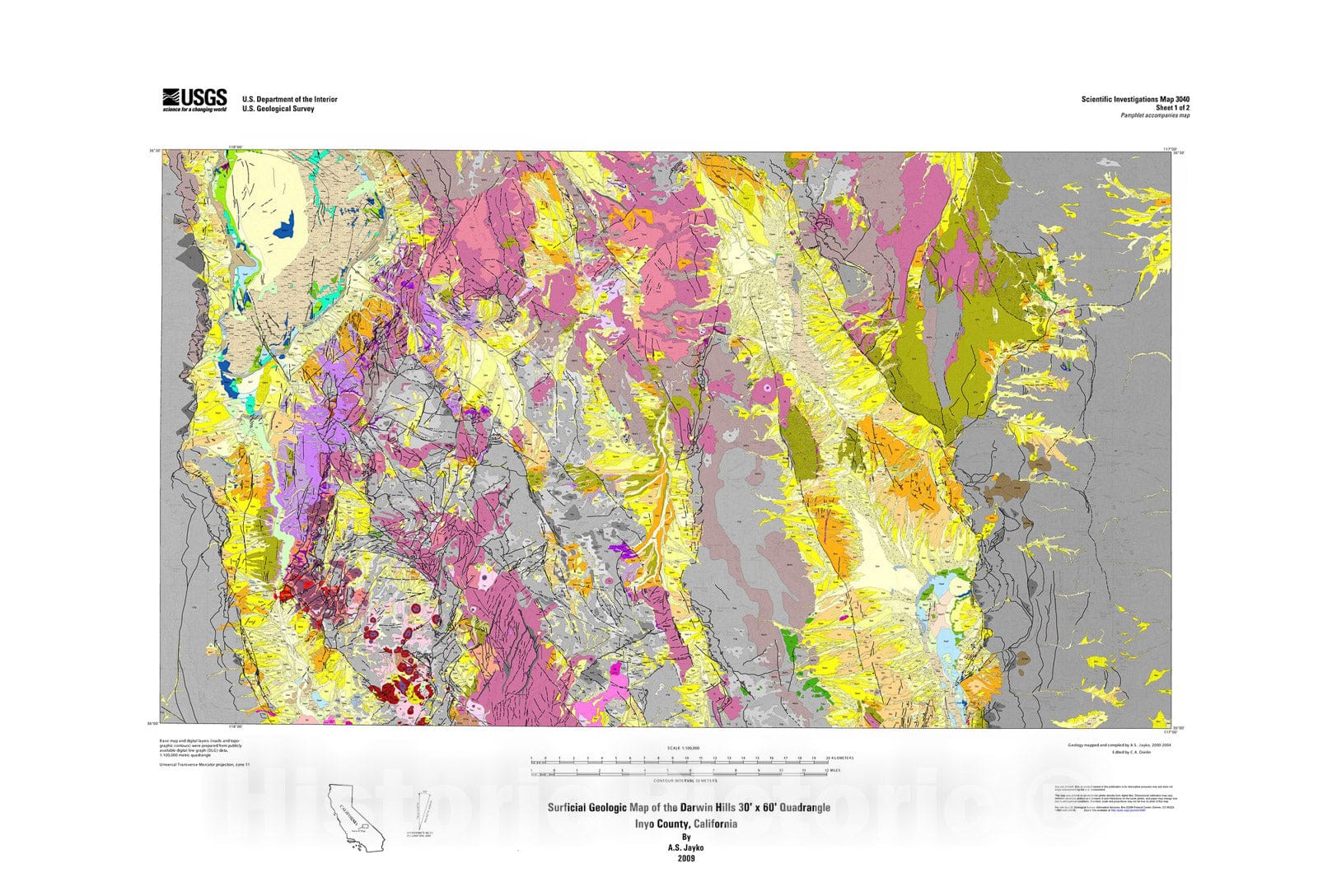 Map : Surficial geologic map of the Darwin Hills 30' x 60' quadrangle, Inyo County, California, 2010 Cartography Wall Art :