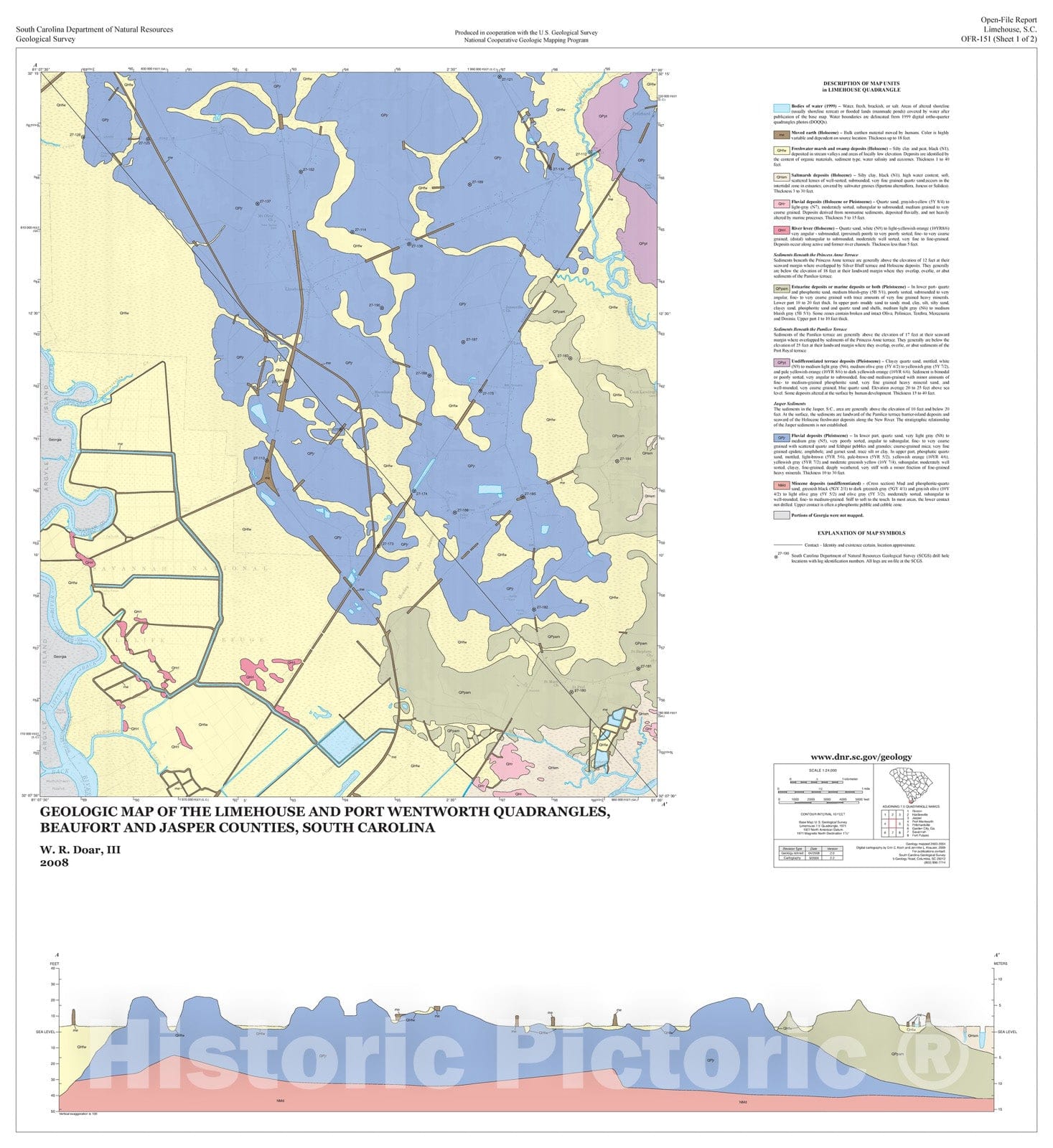 Map : Geologic map of the Limehouse and Port Wentworth quadrangles, Beaufort and Jasper counties, South Carolina, 2008 Cartography Wall Art :
