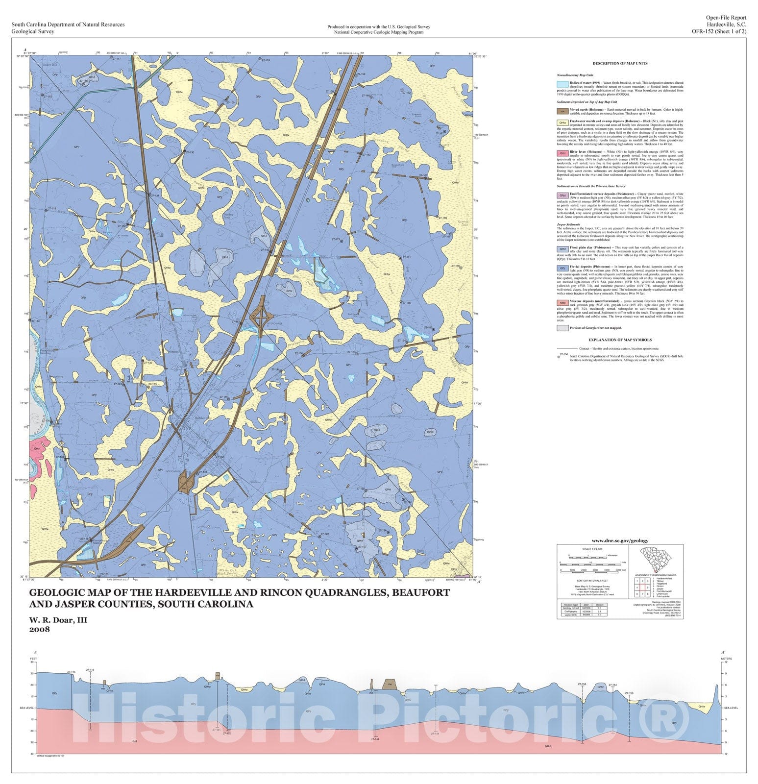 Map : Geologic map of the Hardeeville and Rincon quadrangles, Beaufort and Jasper counties, South Carolina, 2008 Cartography Wall Art :