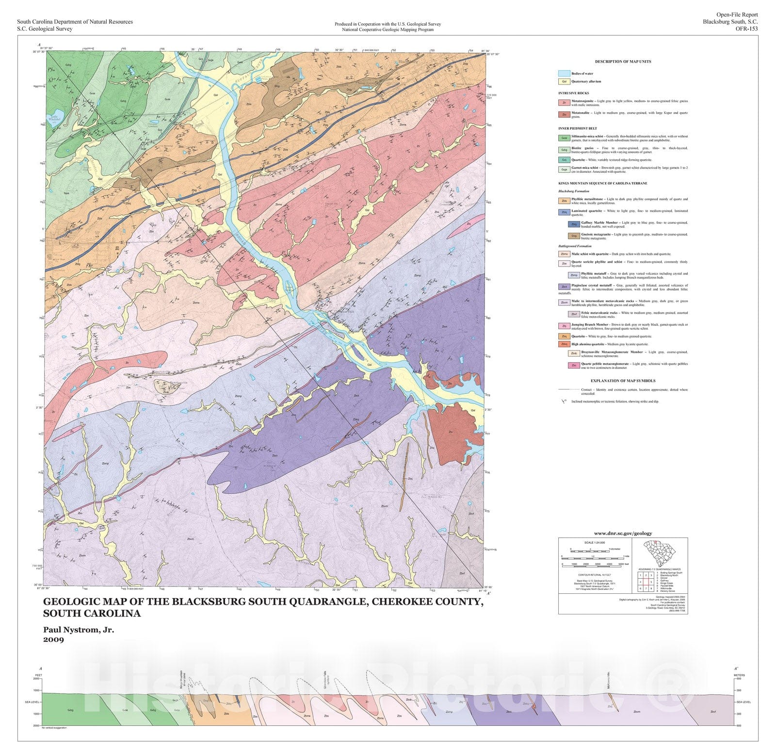 Map : Geologic map of the Blacksburg South quadrangle, Cherokee County, South Carolina, 2009 Cartography Wall Art :