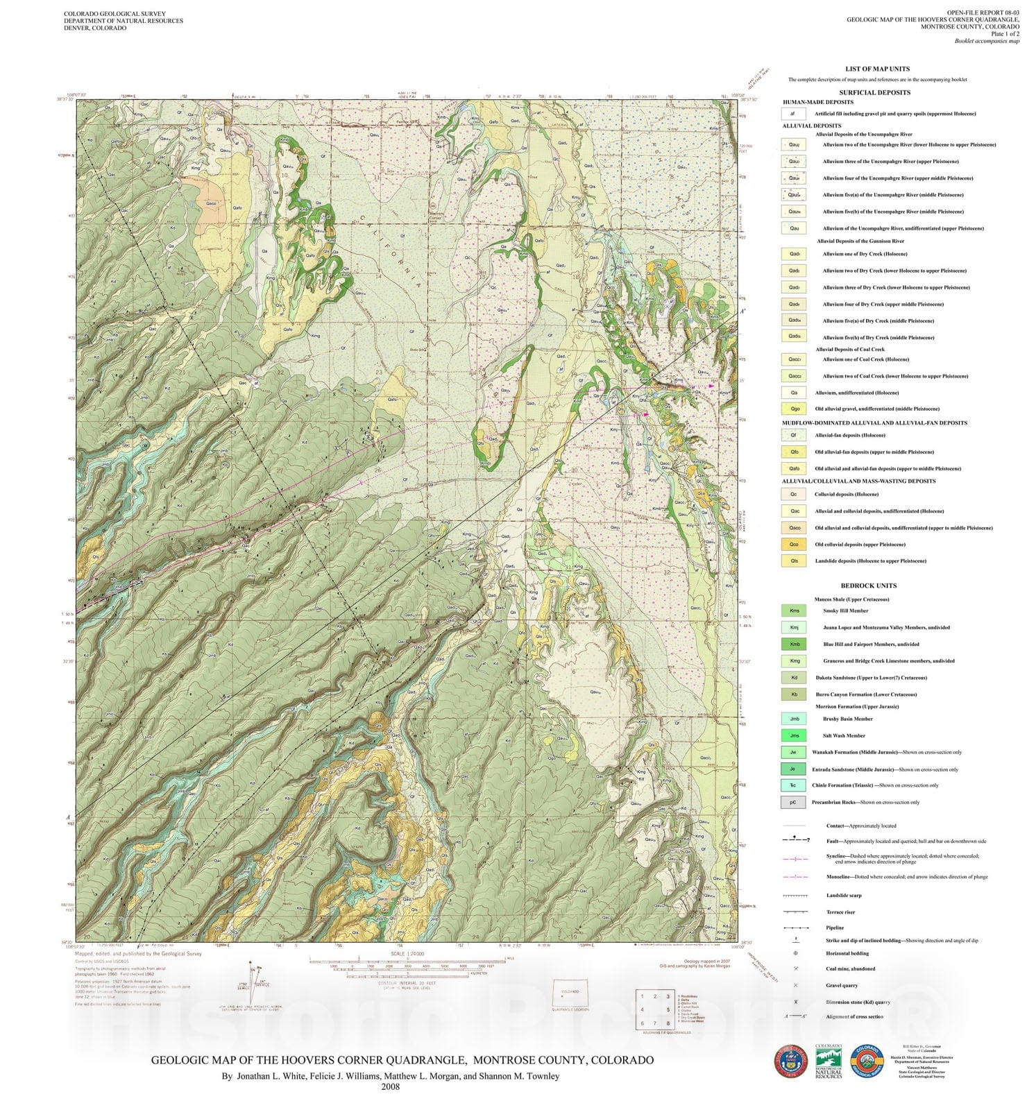 Map : Geologic Map of the Hoovers Corner Quadrangle, Montrose County, Colorado, 2008 Cartography Wall Art :
