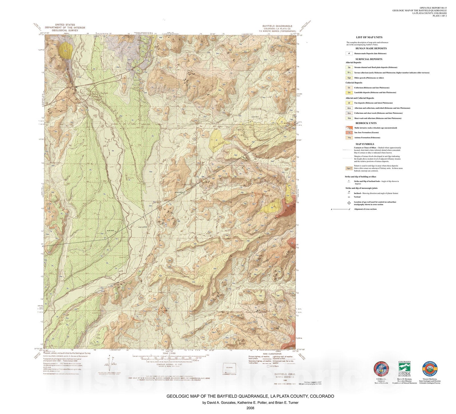 Map : Geologic Map of the Bayfield Quadrangle, La Plata County, Colorado, 2008 Cartography Wall Art :