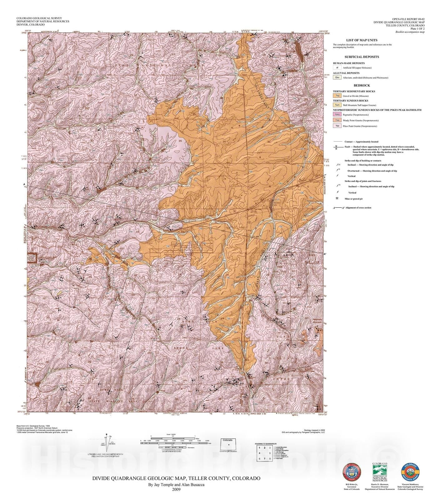 Map : Geologic Map of the Divide Quadrangle, Teller County, Colorado, 2009 Cartography Wall Art :