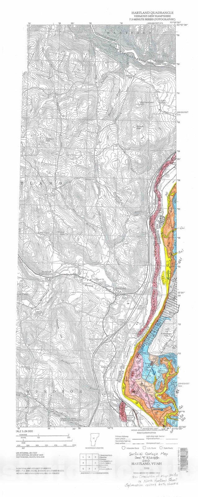 Map : Surficial geologic map of the New Hampshire part of the Hartland 7.5 minute quadrangle, Sullivan County, New Hampshire; Windsor County, Vermont, 2010 Cartography Wall Art :