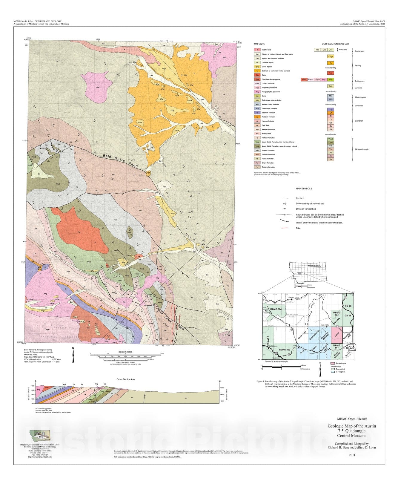 Map : Geologic map of the Austin 7.5' quadrangle, central Montana, 2011 Cartography Wall Art :
