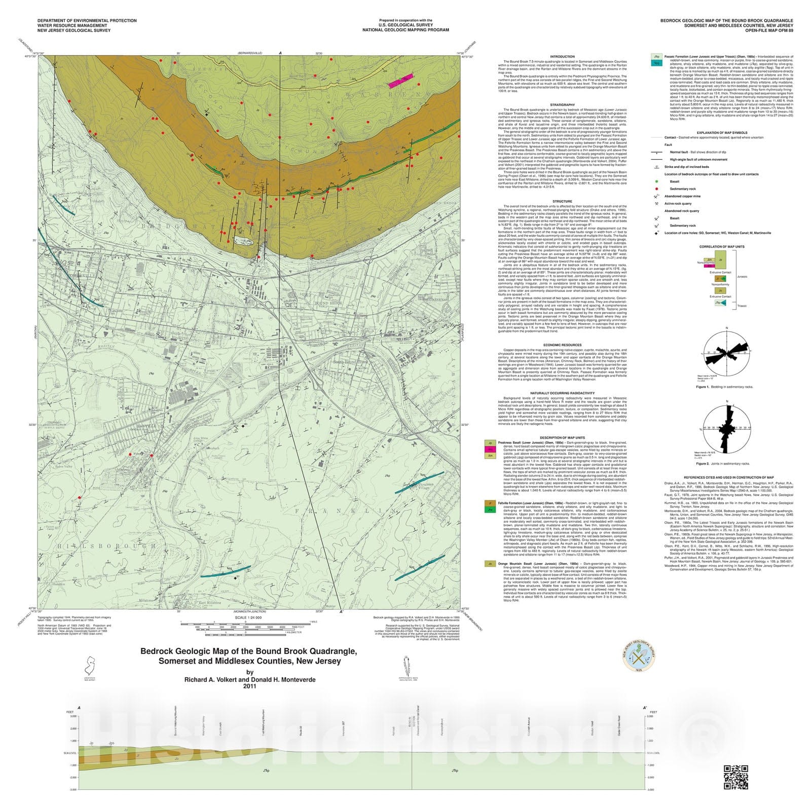 Map : Bedrock geologic map of the Bound Brook quadrangle, Somerset and Middlesex counties, New Jersey, 2011 Cartography Wall Art :