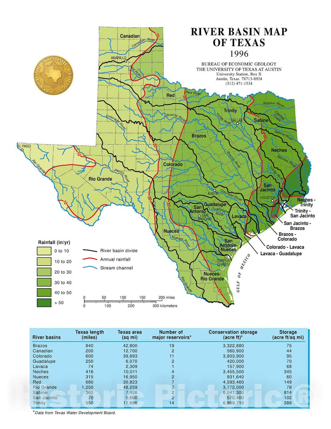 Map : River Basin Map of Texas, 1996 Cartography Wall Art :