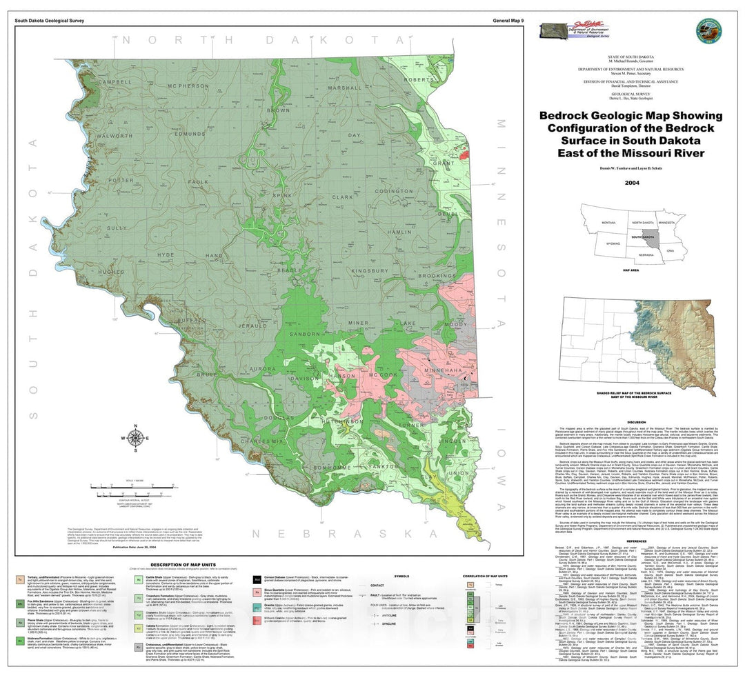 Map : Bedrock geologic map showing configuration of the bedrock surface in South Dakota east of the Missouri River, 2004 Cartography Wall Art :