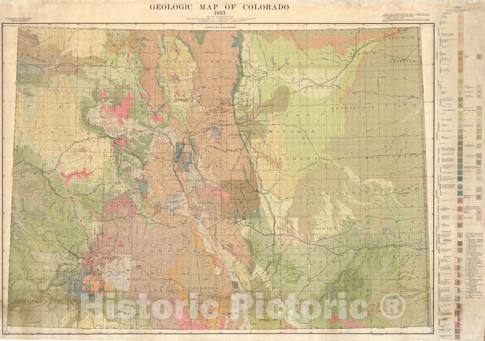 Map : Geologic map of Colorado, 1913 Cartography Wall Art :