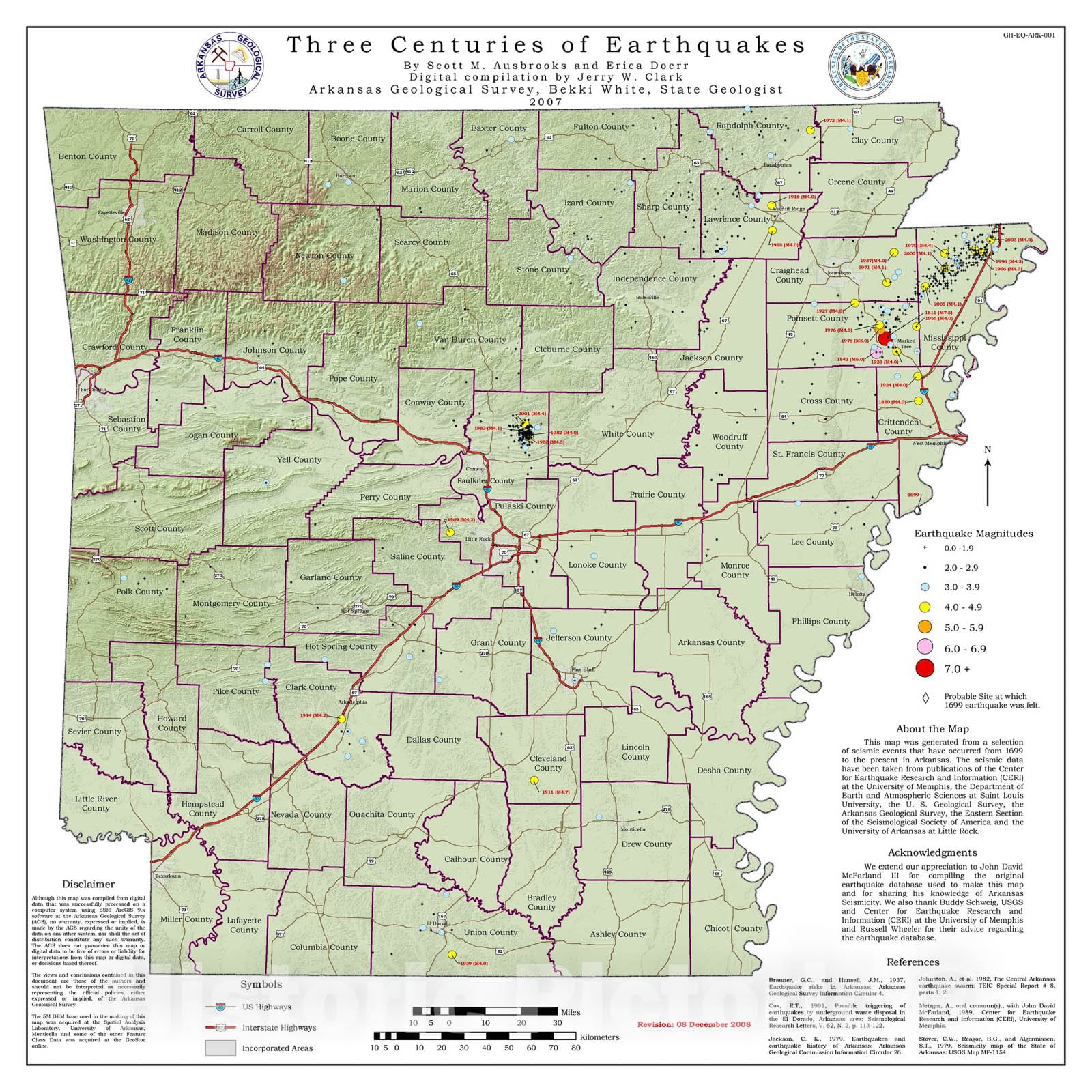 Map : Three centuries of earthquakes in Arkansas, from 1699 thru 2012, 2012 Cartography Wall Art :