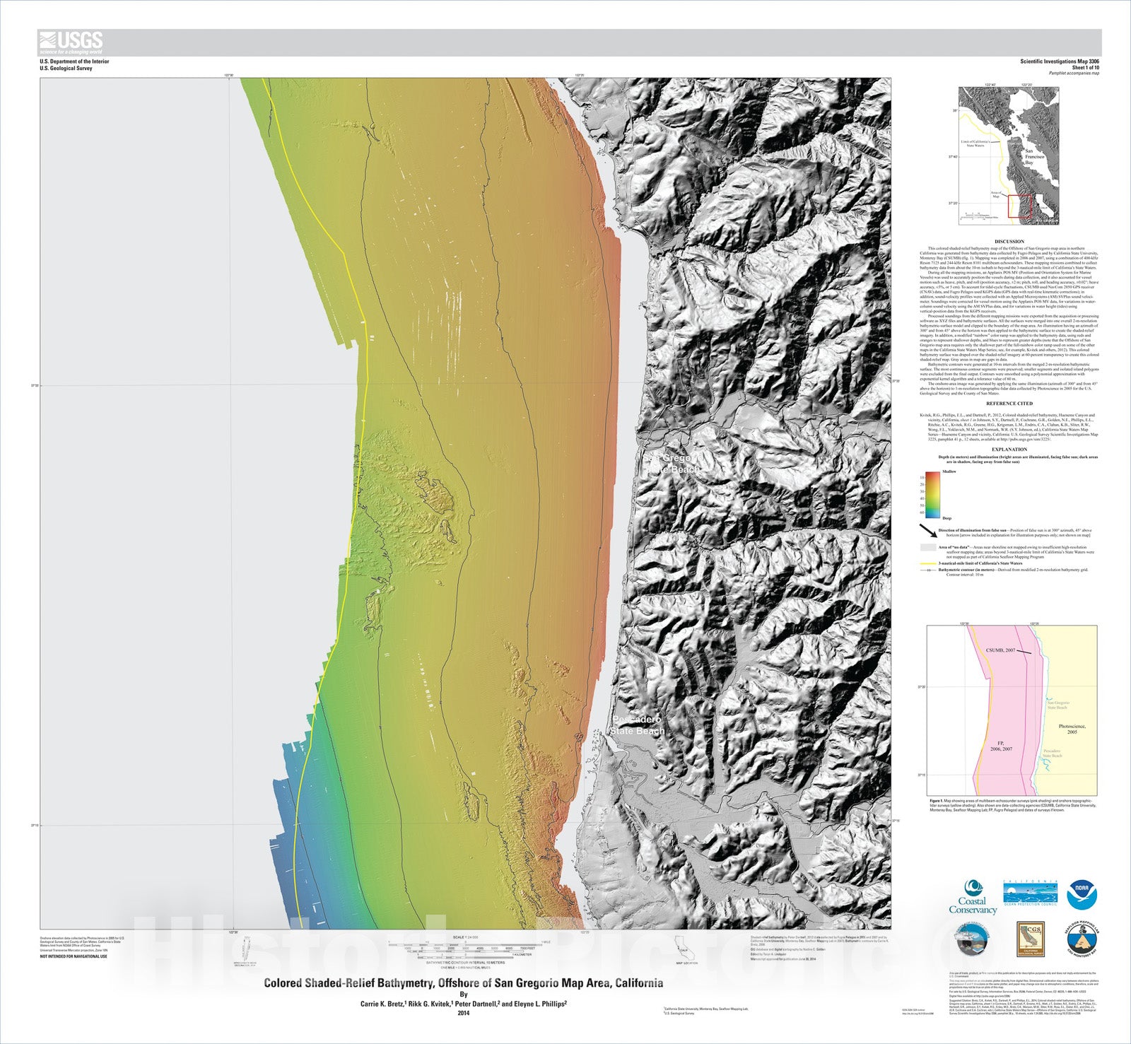 Map : California State Waters Map SeriesÃ¢â‚¬â€offshore of San Gregorio, California, 2014 Cartography Wall Art :
