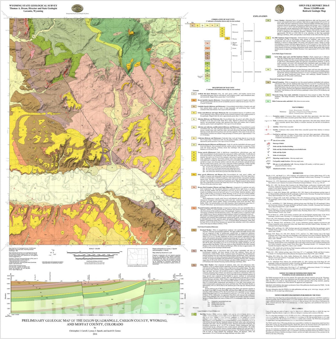 Map : Preliminary geologic map of the Dixon quadrangle, Carbon County, Wyoming, 2016 Cartography Wall Art :