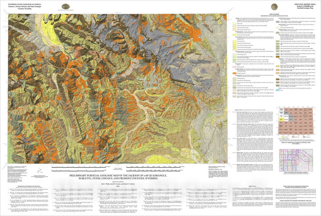 Map : Preliminary surficial geologic map of the Jackson 30Ã‚Â° x 60Ã‚Â° quadrangle, Sublette, Teton, Lincoln, and Fremont counties, Wyoming, 2016 Cartography Wall Art :
