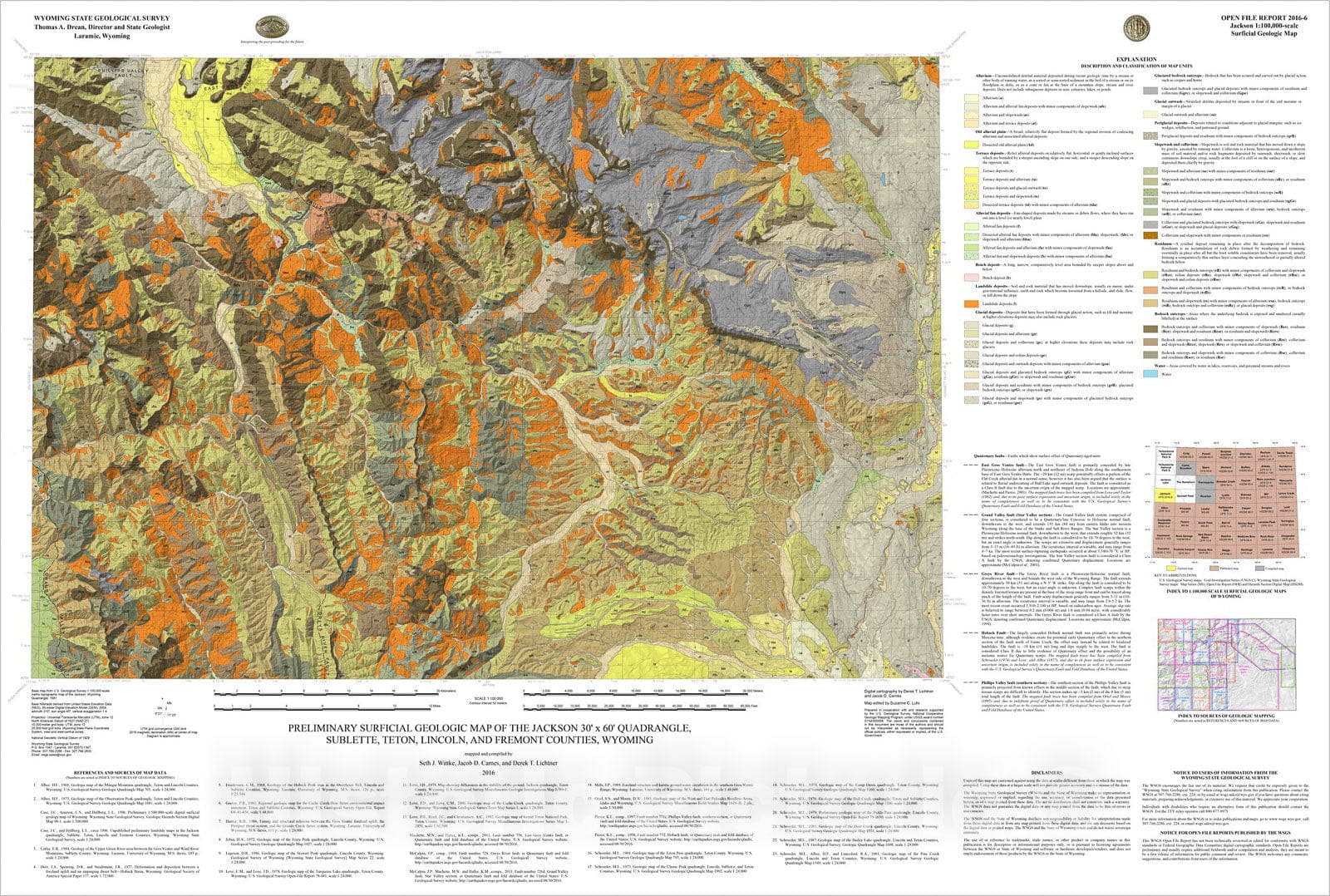 Map : Preliminary surficial geologic map of the Jackson 30Ã‚Â° x 60Ã‚Â° quadrangle, Sublette, Teton, Lincoln, and Fremont counties, Wyoming, 2016 Cartography Wall Art :