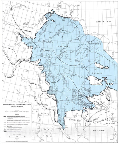 Map : Maximum extent and major features of Lake Agassiz, 1983 Cartography Wall Art :
