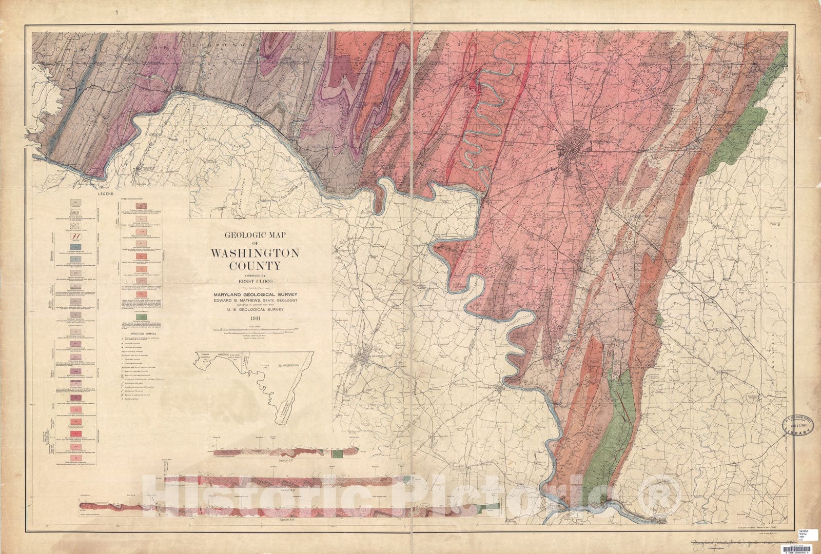 Map : Geologic map of Washington County [Maryland], 1941 Cartography Wall Art :