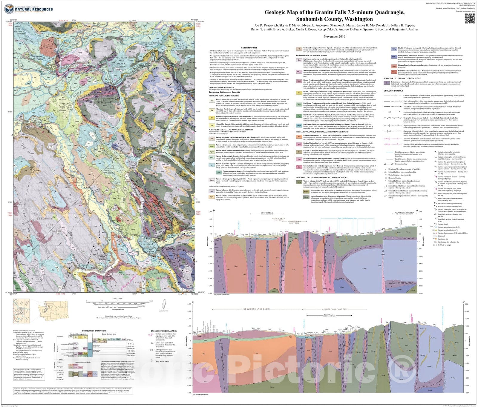 Map : Geologic map of the Granite Falls 7.5-minute quadrangle, Snohomish County, Washington, 2016 Cartography Wall Art :