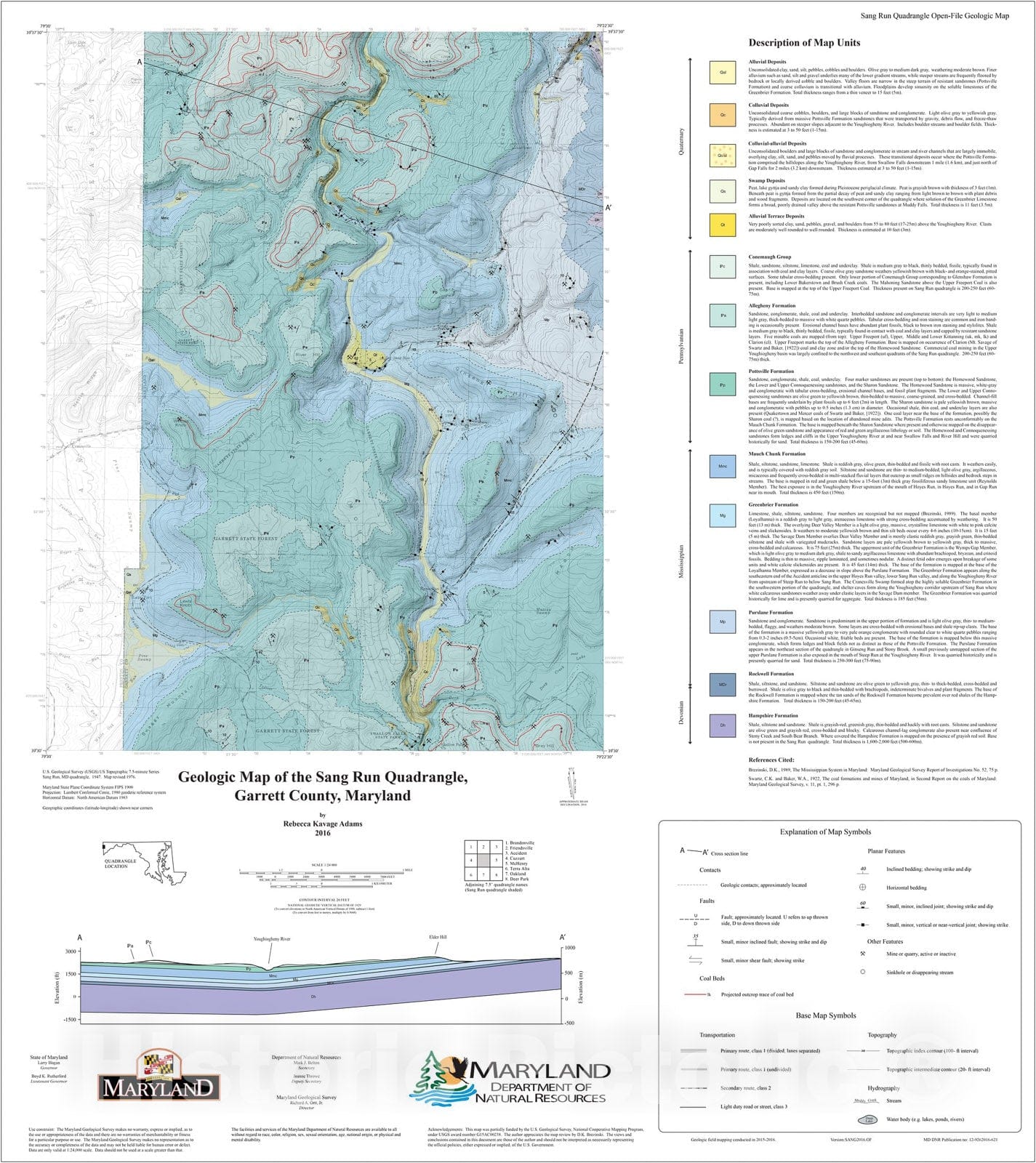 Map : Geologic map of the Sang Run quadrangle, Garrett County, Maryland, 2016 Cartography Wall Art :