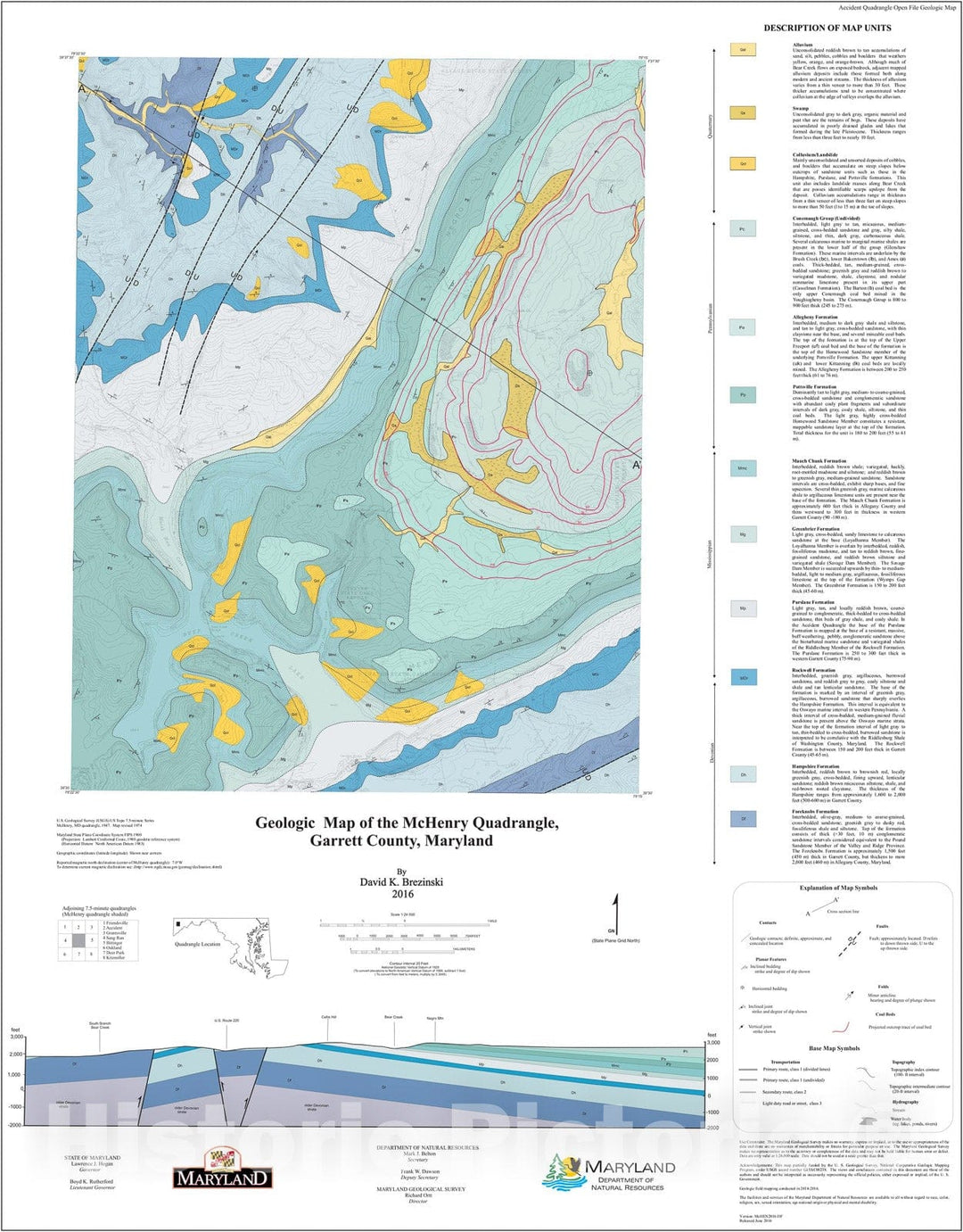 Map : Geologic map of the McHenry quadrangle, Garrett County, Maryland, 2016 Cartography Wall Art :