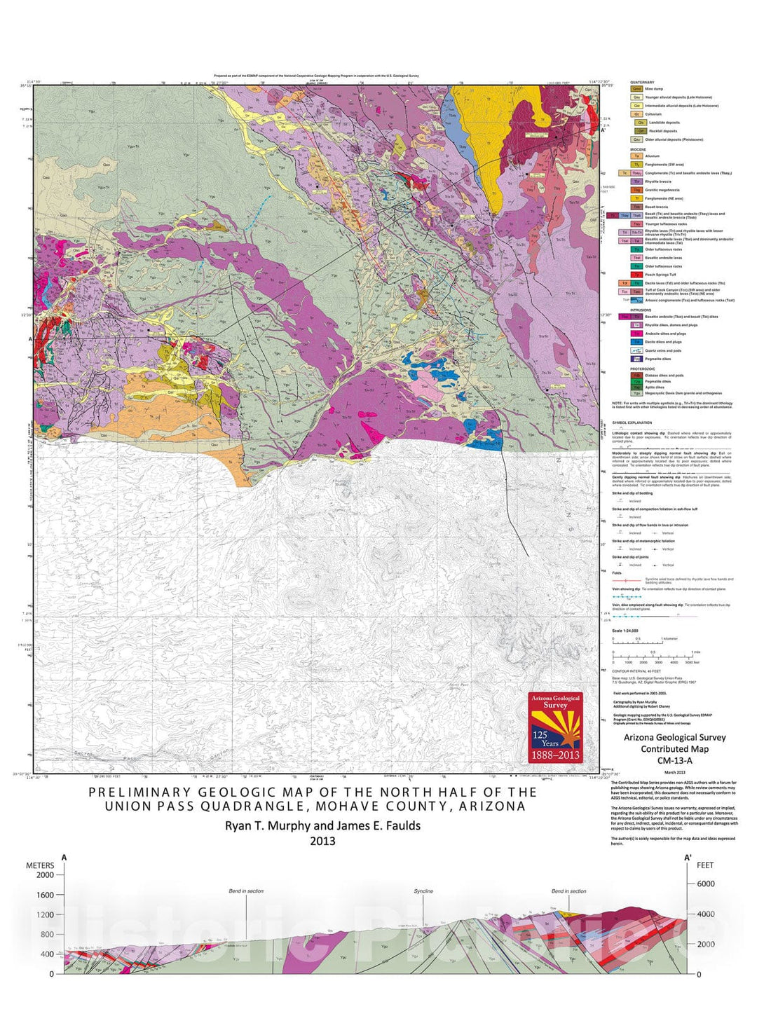 Map : Preliminary geologic map of the north half of the Union Pass quadrangle, Mohave County, Arizona, 2013 Cartography Wall Art :