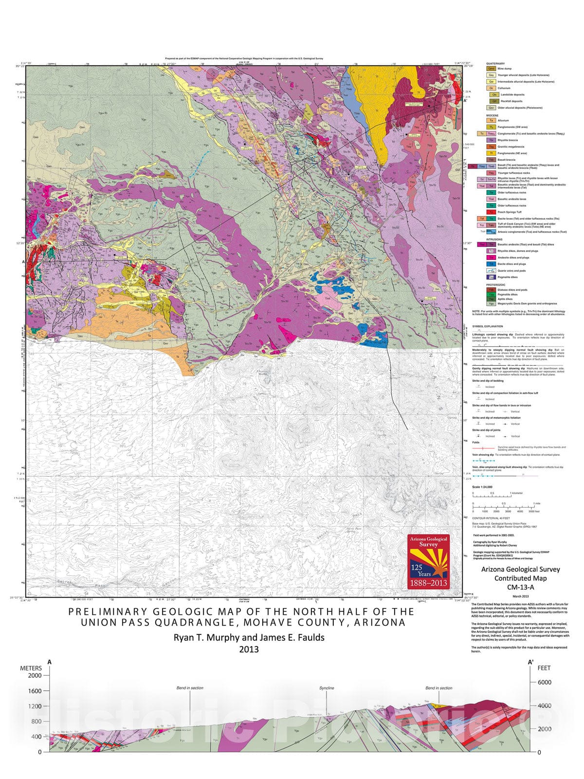 Map : Preliminary geologic map of the north half of the Union Pass quadrangle, Mohave County, Arizona, 2013 Cartography Wall Art :