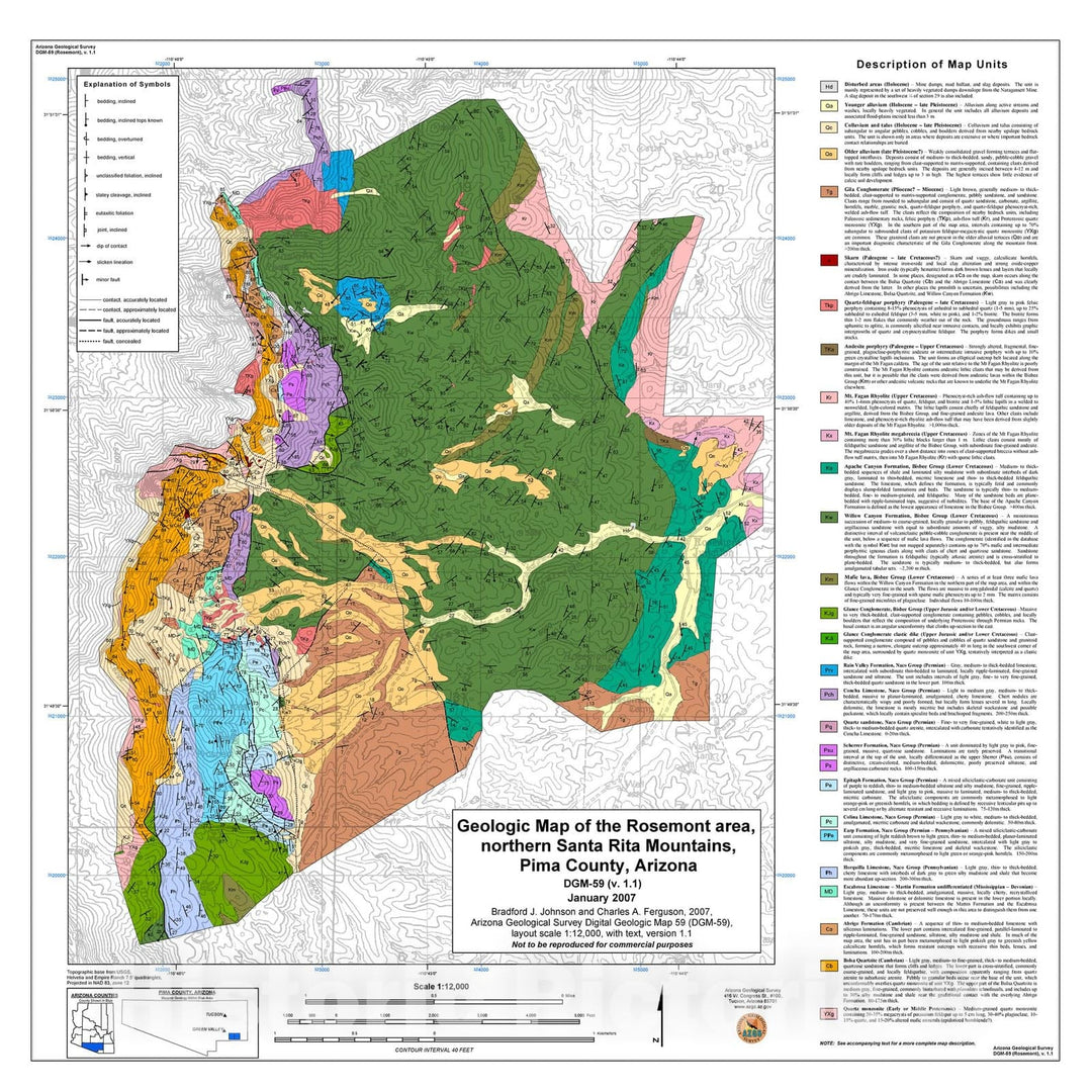 Map : Geologic map of the Rosemont area, northern Santa Rita Mountains, Pima County, Arizona, 2007 Cartography Wall Art :