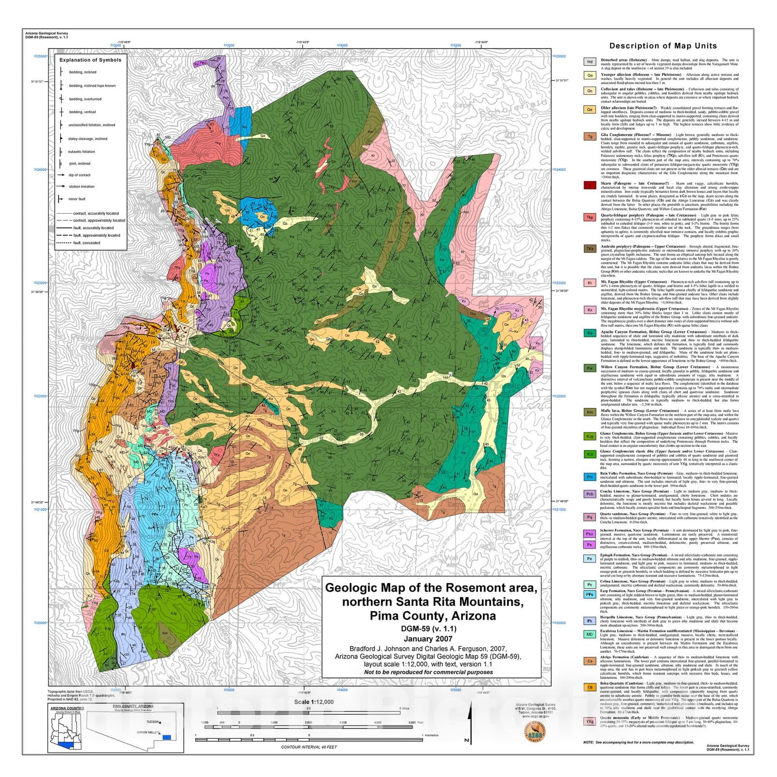 Map : Geologic map of the Rosemont area, northern Santa Rita Mountains, Pima County, Arizona, 2007 Cartography Wall Art :
