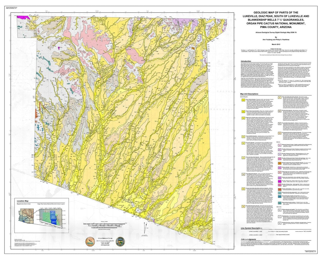 Map : Geologic map of parts of the Lukeville, Diaz Peak, South of Lukeville and Blankenship Wells seven 1/2' quadrangles, Organ Pipe Cactus, 2012 Cartography Wall Art :