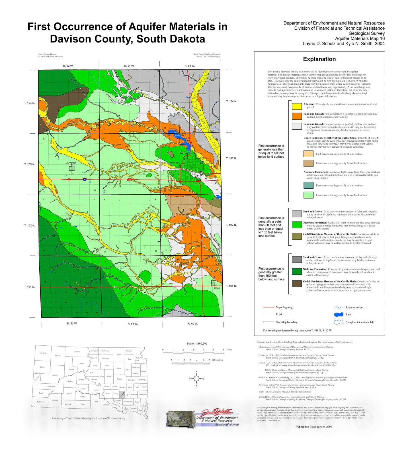 Map First occurrence of aquifer materials in Davison County, South D