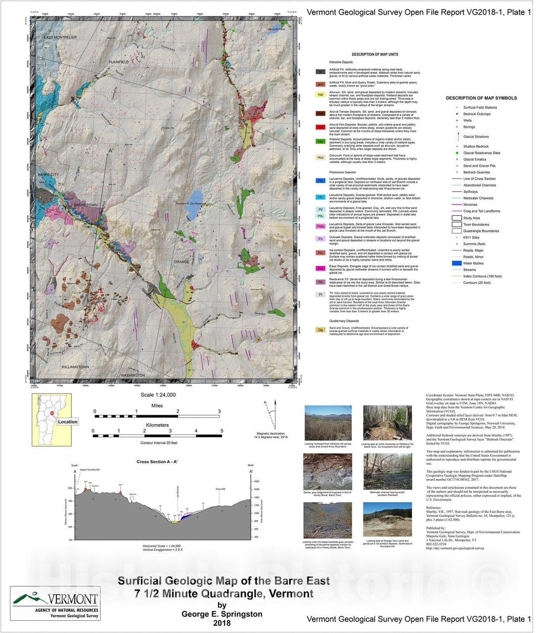 Map : Surficial Geologic Map of the Barre East 7.5 Minute Quadrangle, Vermont, 2018 Cartography Wall Art :