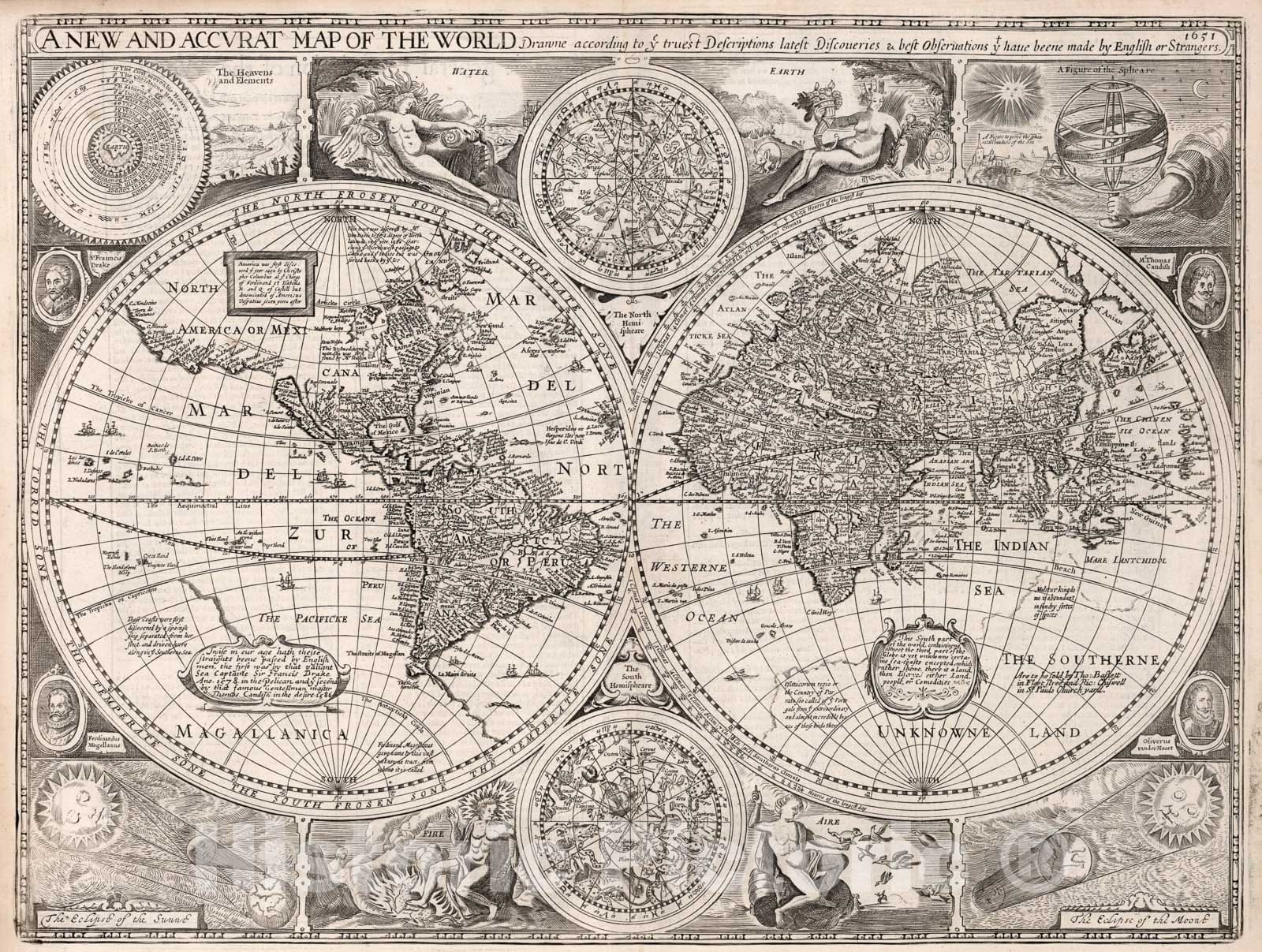 Historic Map : New and Accurat Map of the World., 1651, Vintage Wall Art