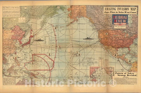 Historic Map : Amazing invasion map : Jap plan to seize the West Coast : Pictorial review, 1943, Vintage Wall Art