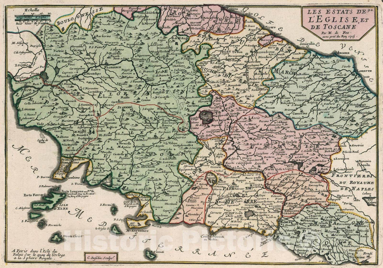 Historic Map : Les Estats des l'Eglise, et de Toscane., 1705, Vintage ...
