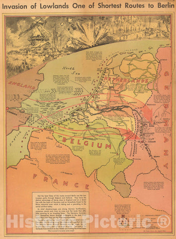 Historic Map : Invasion of lowlands one of shortest routes to Berlin, 1943, Vintage Wall Art