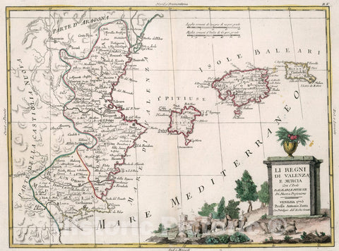 Historic Map - Li Regni Di Valenza e Murcia con l'Isole Baleari, e Pitiuse/Map of coastline of Spain, Valencia, Murcia, Balearic Islands of Ibiza, 1785 - Vintage Wall Art