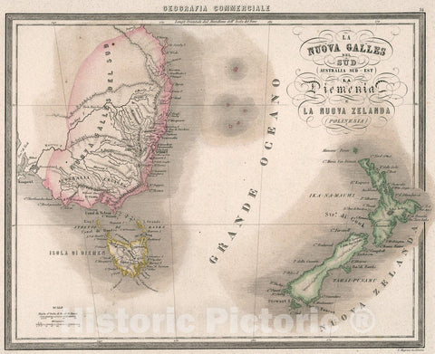 Historic Map : 36. La Nuova Galles del Sud (Australia Sud Est). La Diemenia e la Nuova Zelanda (Polinesia)., 1858, Vintage Wall Art