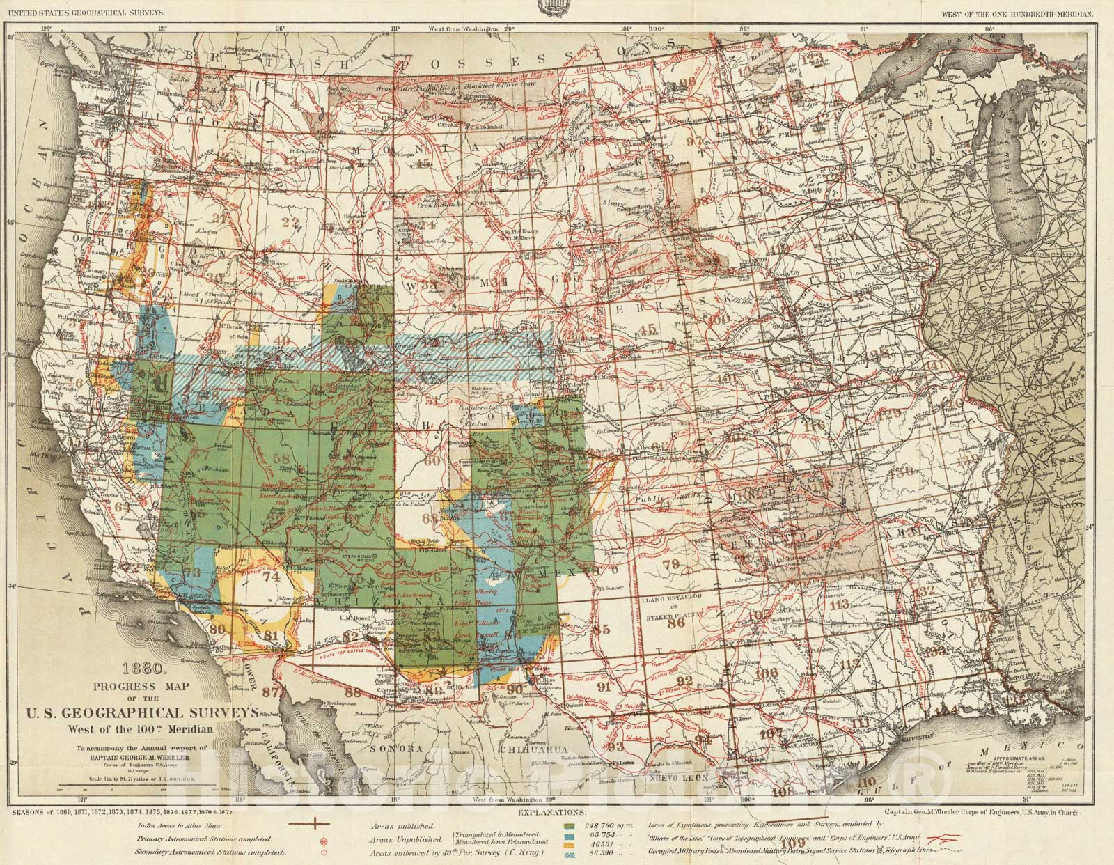 Historic Map : 1880. Progress Map Of The U.S. Geographical Surveys Wes ...